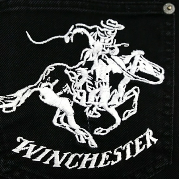 Winchester Distressed Black Denim Jeans Embroidered Horse and Rider Size 38/32 - Picture 8 of 8